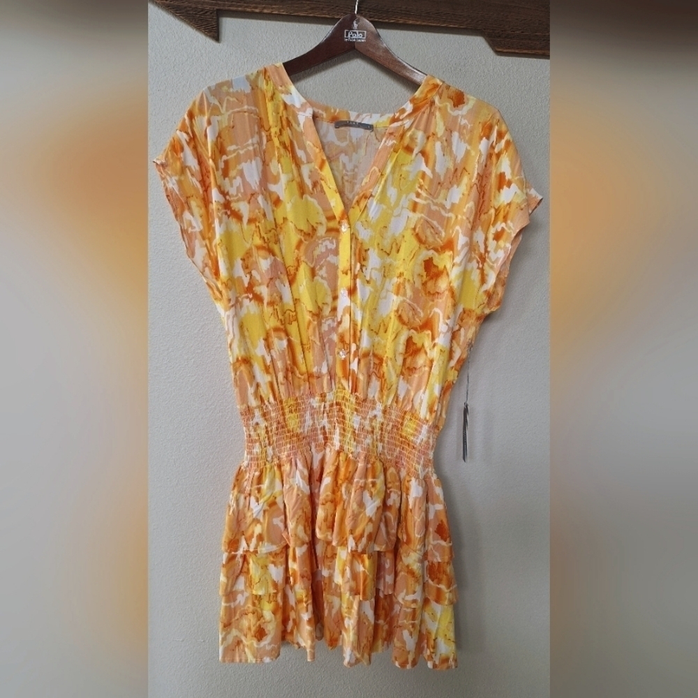 NWT Tart Kallie Sunset Ruffled Smocked Yellow/Orange Mini Dress Womens Size M